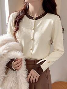 Contrast Color Round Neck Knit Cardigan Women Spring Autumn, Luxury Metal Button Color Block Long Sleeve Commuter Top, Suitable For Daily Wear Or Layering Under Blazer - Apricot - View 7