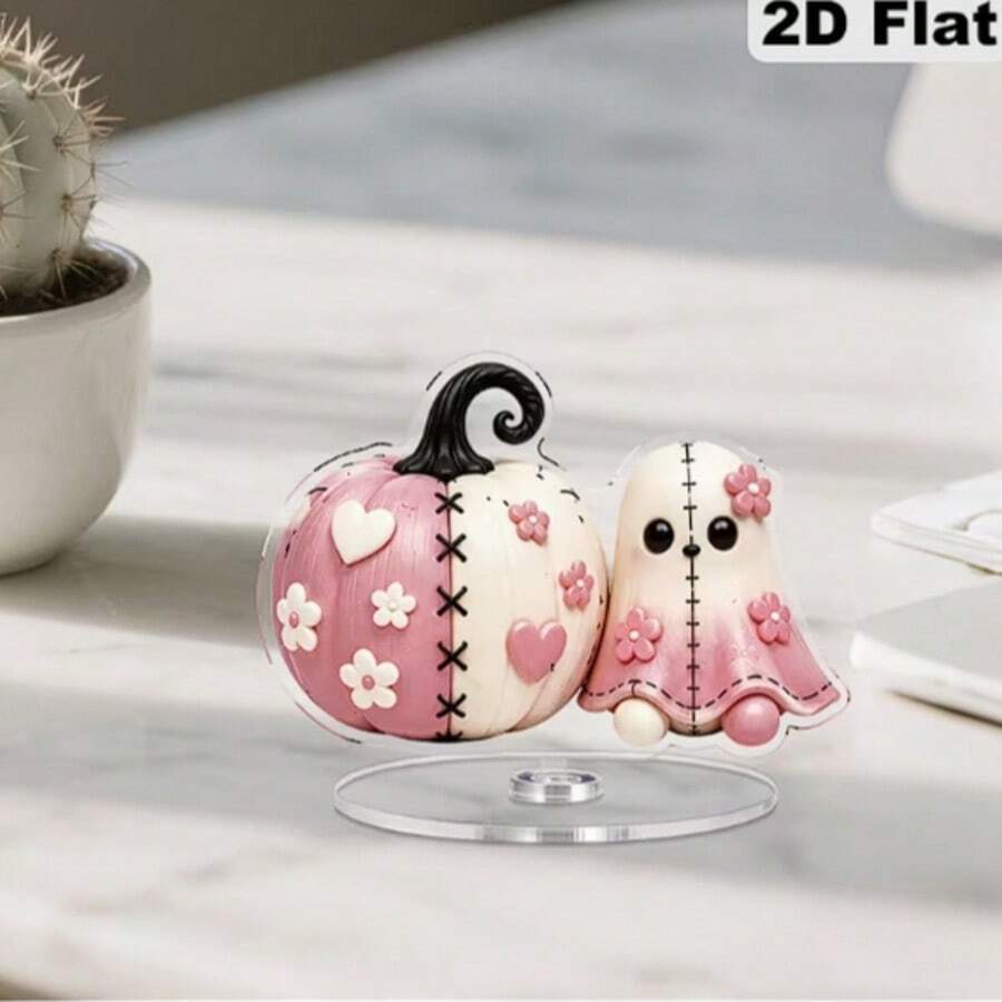 2D Flat 1pc Rotating Acrylic Sign - Pale Pink & White Stitched Pumpkin And Floral Heart Desktop Decor, Soft Tones Suitable For Halloween Tabletop Decoration, Farmhouse Style Shelf Decor, Asymmetrical Shape Gift For Desktop Display, 2D Flat - B - View 1