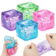 1 Peça Brinquedo Anti-Estresse Macio e Fofinho de Cubo de Gelo com Glitter, Bola de Estresse Quadrada de Rebote Lento Preenchida com Material Grosso & Lantejoulas Brilhantes, Brinquedo Fidget para Alívio da Ansiedade para Crianças & Adultos, Decoração de Mesa de Escritório, Presente de Feriado - Multicolorido - Visão 2