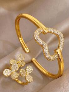 Hollow Heart Zirconia Cuff Bangle&Flower Diamond Open Ring Jewellery Set,Women Golden Jewelry Combo,Holiday Essentials Romantic Dating Party Accessories - Multicolor - View 4