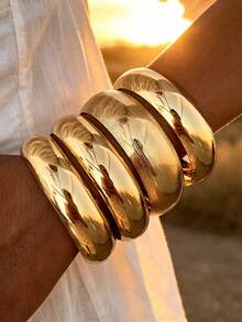 4pcs/3pcs Set Vintage Elegant Vacation Style Wide Plain Metal Iron Plate Bangle Bracelet Set Suitable For Women Daily, Party, Vacation And Multiple Occasions, Gift - Gold - View 1