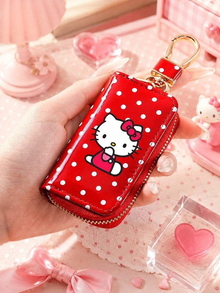 SANRIO 1PC Hello Kitty Cinnamoroll Kuromi Polka Dot Key Case, Glossy Zipper Key Pouch With Metal Clip For Car Keys, Travel & Daily Use - Multicolor - View 1
