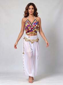 V Neck Multicolor Sequin Coin Halter Dance Crop Top Coin Tassel Waist Belt Chiffon Loose Cuffed Harem Pants Exotic Stage Performance Dance Outfit - Multicolor - View 3