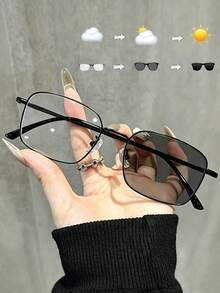 1 Pair Fashionable Ins Style Minimalist Square Photochromic Decorative Glasses, Suitable For Outdoor Wear - Multicolor - View 8