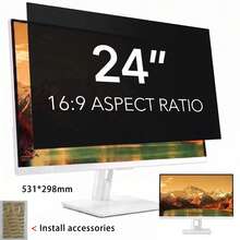 Privacy Screen For Computer Monitor Film 24-Inch 16:9 Aspect Ratio Width 531mm, Height 298mm ; Anti Spy/Bule Light/Glare And Eye Protection, 2 Install Ways Removable For Office, Airport, Cafe And Other Public Area; Diagonal 24 Inches - View 9