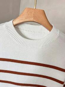 Men's Casual Black & White Striped Knit Short Sleeve T-Shirt - Orange - View 6