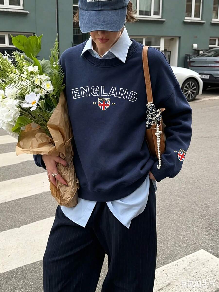 女款新款簡約冬季熱銷款英倫印花街頭休閒日常圓領時尚百搭衛衣 - 藏藍 - 查看 1