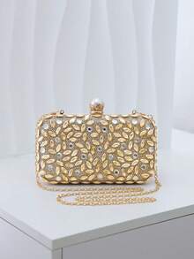 Dedoo Women's Gold Rhinestone Evening Clutch,Hard Shell Rectangular Handbag, Pearl Clasp,Shiny Leaf Pattern,Suitable For Weddings,Balls And Formal Occasions - Gold - View 4