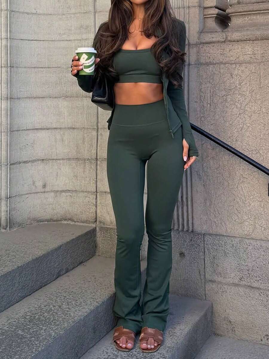 Muse Moon Fall Fashion Women 2 Pieces Yoga Workout Set, Zip Long Sleeve Top & Butt Lifting Flared Leggings,Daily Wear For Gym Training - Green - View 1