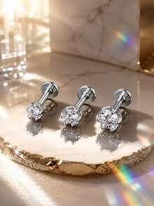 AnlaScheer 1pc D-Color Moissanite Flat Back Stud Earring, Genuine S925 Sterling Silver Single Stone Inlay, Hypoallergenic Platinum Plated Jewelry - Silver - View 5