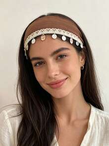 1pc Premium Adjustable Bohemian Style Tassel Shell Headband, Comfortable Non-Slip Wide Band Headwrap, Women's Early Autumn Maillard Color Palette Daily Perfect Holiday Travel Accessory - Multicolor - View 3