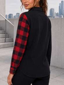Women's Red And Black Plaid Patchwork Button Front Shirt With Chest Pocket, Long Sleeve Collared Casual Top - Black - View 5