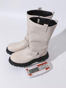 Women's Round Toe Fashion White Mid-Calf Boots, Solid Color Casual Microfiber Leather Outdoor Winter Autumn - Beige - View 11