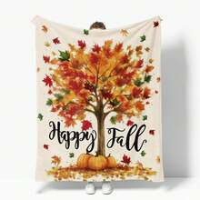 1件裝秋季豐收楓葉南瓜法蘭絨毯，Happy Fall 秋季印花披毯，感恩節居家裝飾毯 - 彩色 - 查看 3