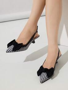 Women's Kitten Heel Shoes, Women's Thin High Heel Bow Closed Toe Sandals Roman Pointed Toe Kitten Heel Shoes Fairy Style Elastic Buckle High Heels, Elegant Women's Shoes, Autumn/Winter New Comfortable Commute Party Shopping Evening Dress Black High Heels, Checkerboard High Heels - Black - View 2