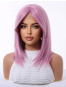 Anime Cosplay Bright Shoulder Length Pink Short Straight Bob Wig With Middle Part Wig Heat Resistant Synthetic Full Wig For Halloween Costume Theme Party Photography - Multicolor - View 5