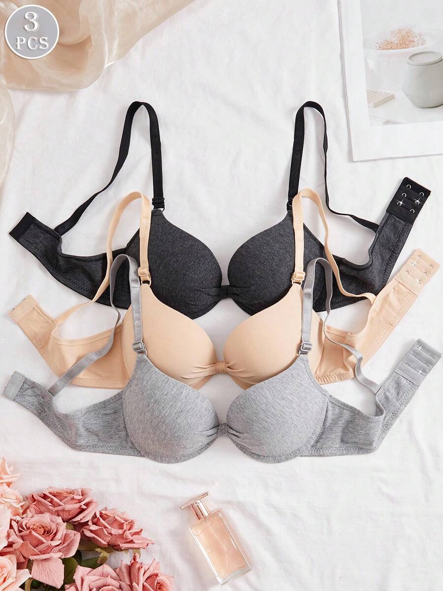 3件組女款舒適睡眠內衣，多色，鋼圈式，棉質軟罩杯，純色，聚攏胸型 [適合平胸] - 彩色 - 查看 1