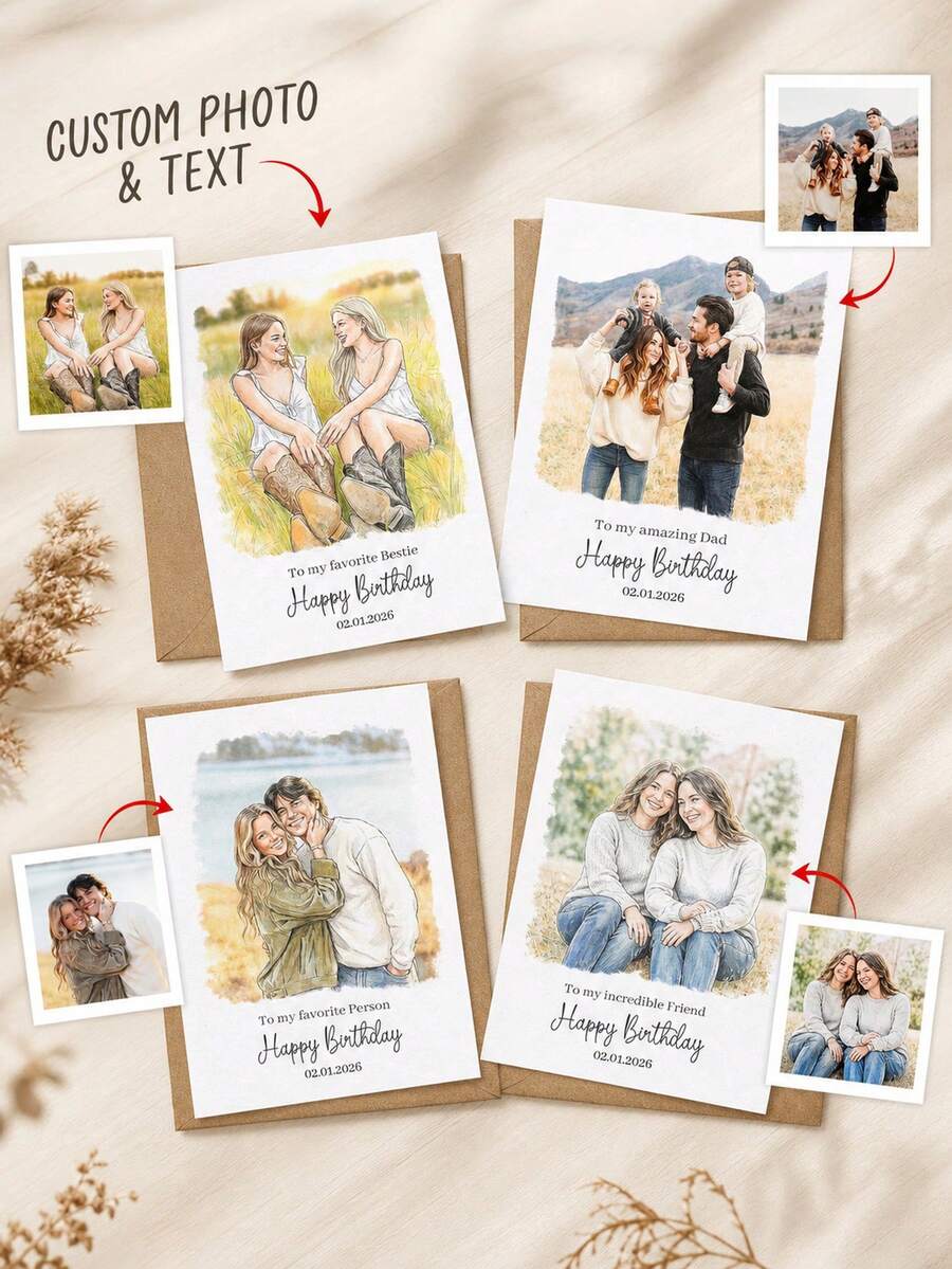 1pc Personalized Watercolor Portrait Birthday Greeting Card With Envelope, Custom Photo Hand‑Drawn Family Best Friend Art Card, Custom Text Date Customized Birthday Wish Card For Friendship Gift. - Multicolor - View 1