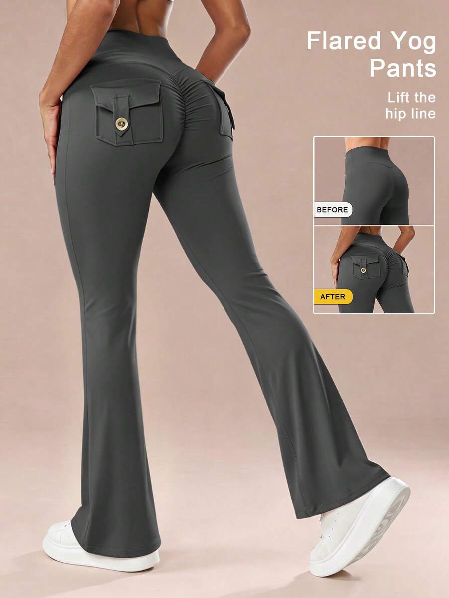 6pecil Khaki Style Flared Yoga Pants With Button Pockets, V-Waist Butt Lifting Flared Leg, Ruched Butt Sculpting Fitness Pants Sports