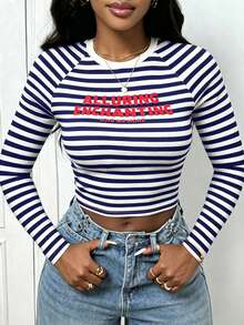 Casual Street Yellow & Black Striped Letter Print Crew Neck Slim Fit Long Sleeve T-Shirt For Women, Suitable For Music Festivals, Graduation Ceremonies, Back To School, Daily Outings, Women's Brunch, Party Gatherings - B Striped Cropped Top Summer Cropped Top Women's Autumn Outfit - Blue - View 4