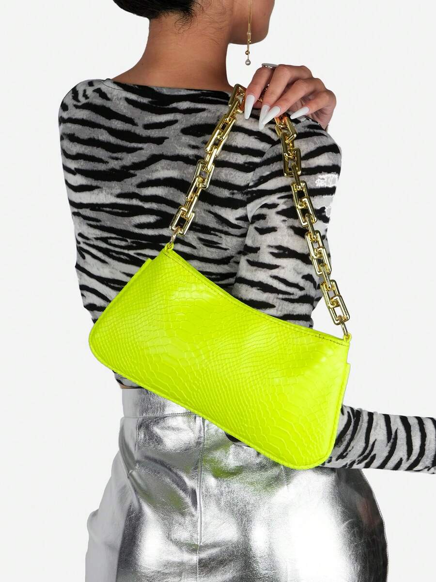 Tas Baguette Akrilik Motif Ular Kuning Fluorescent Cerah dengan Dekorasi Rantai Emas dan Tali Bahu - kuning neon - View 1
