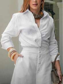 White Linen Front Cross Shirt, Women's Casual Long Sleeve Button Detail Top - White - View 5