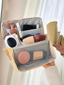 Large Capacity Vertical Makeup Bag, Multi-Compartment Travel Cosmetic Storage Bag, Durable Fabric With Mesh Pockets, Portable Makeup Tool Organizer - Multicolor - View 9