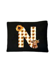 Cute Highland Cow Sunflower Letter Print Multifunctional Cosmetic Bag, Reusable, Storage Bag, Featuring Patterned Print Design, Lightweight Cosmetic And Toiletry Storage Bag, Medical Tool Kit, Zippered Makeup Bag, Lightweight Coin Purse, Toiletry Bag, Storage Bag, Travel Accessory, Shopping Essential - Multicolor - View 14