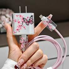 粉色 TPU 小心心印花/蝴蝶結/花朵圖案/紫色心形貓咪充電線保護套，適用於 Apple 18/20W 充電器，送給朋友的完美禮物 - 粉色 - 查看 4