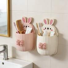 1pc Cute Rabbit Shaped Storage Rack With Bow Decoration, Space-Saving Wall-Mounted Toothbrush And Toothpaste Holder, Bathroom Accessories - Multicolor - View 2