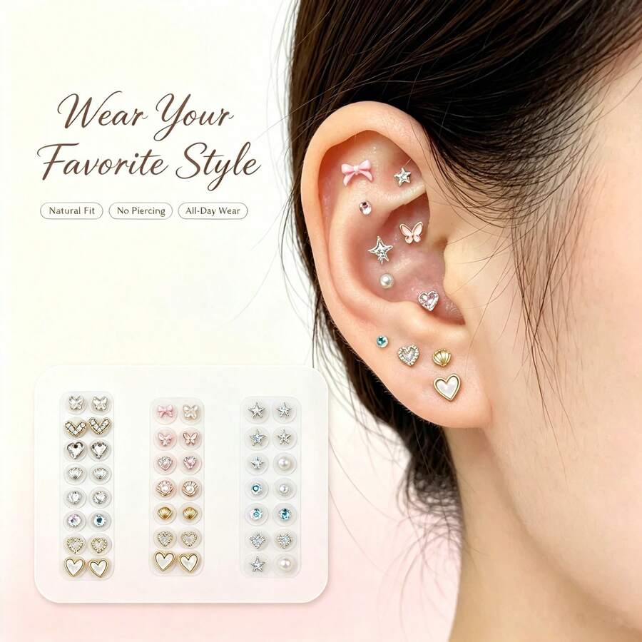 Multi-Style No-Drill Ear Stickers, Self-Adhesive Ear Cartilage Decorative Studs, Reusable Crystal Heart, Bow, Star Fake Earring Stickers, Suitable For Ear Styling, Parties And Daily Wear