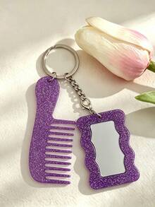 Acrylic Glittering Heart-Shaped Mirror, Comb Set, Keychain, Bag, Pendant, Exquisite Essential Makeup Items For Girls - Love - View 6