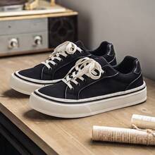 Men Low‑Top Canvas Skate Shoes Lace‑Up Thick Platform Sole Casual Sneakers Simple Solid Color Street Footwear For Daily Commute Campus - Black - View 4