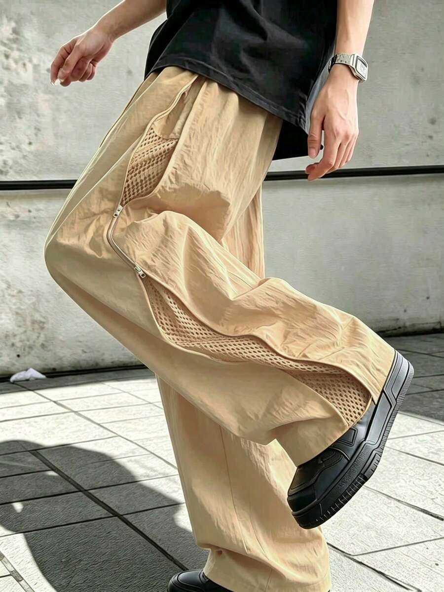 男士休閒寬鬆直筒運動長褲,春夏時尚長褲 - 卡其色 - 查看 1