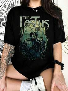 The Last Of Us Ellie Bow And Arrow Comic Style Graphic T Shirt, Horror Game Fan Short Sleeve Tee - 黑色 - 查看 1
