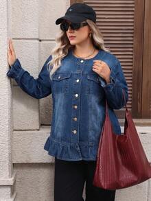 Women's Plus Size Deep Blue Ruffle Trim Denim Jacket, Traceable Cotton Casual - Dark Wash - View 1