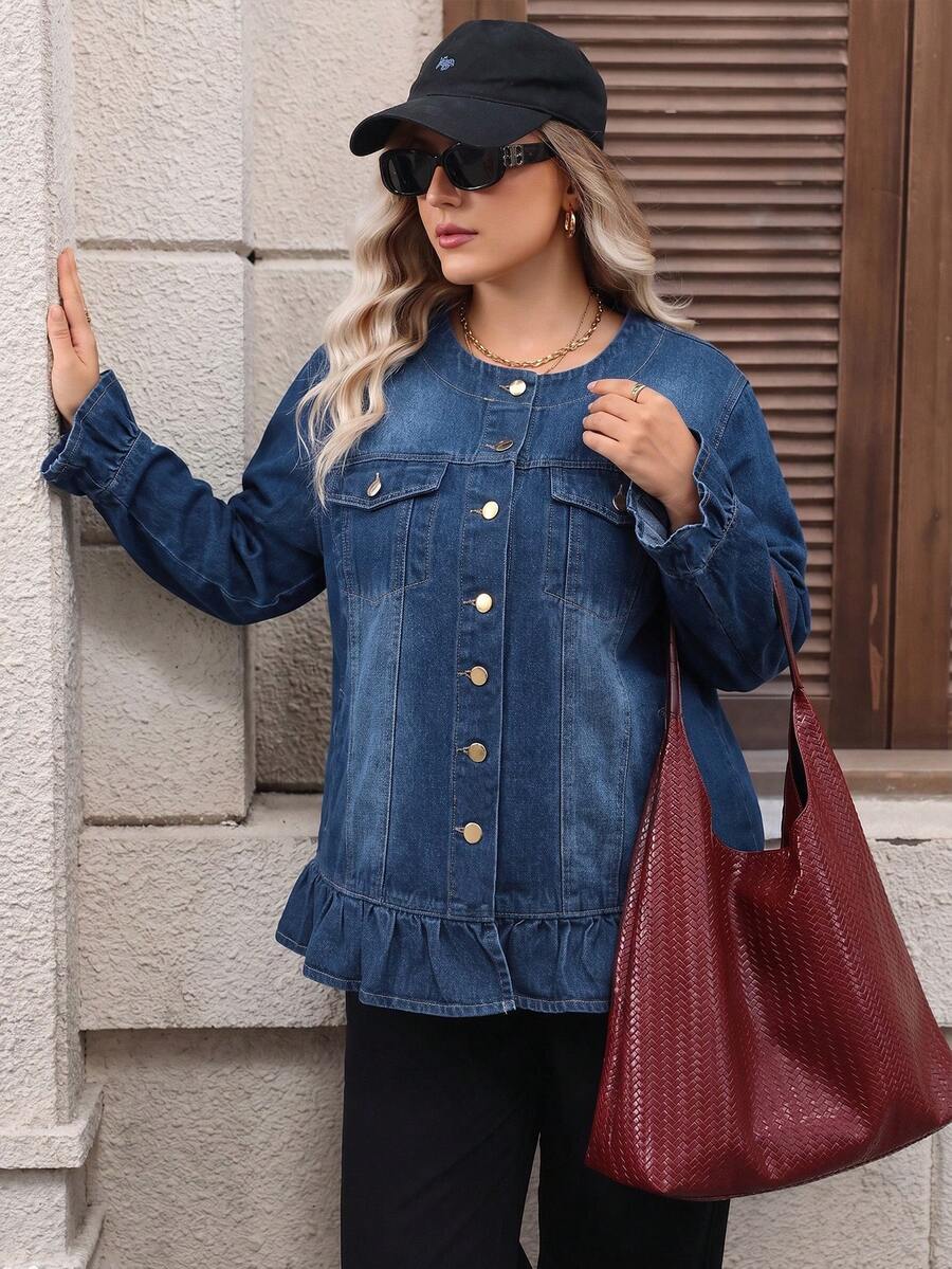 Women's Plus Size Deep Blue Ruffle Trim Denim Jacket, Traceable Cotton Casual - Dark Wash - View 1