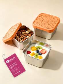 Meoky 3个8盎司不锈钢密封食品储物盒，带硅胶盖，防漏小型食品储物盒，可重复使用的金属午餐盒，适用于零食、餐食准备、旅行、野餐 - 橘色*3件套 - 查看 2