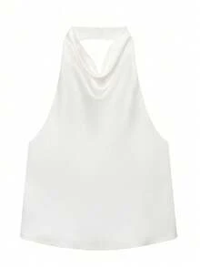 Women's Summer Cowl High Neck Top, Spring Vacation , Outing Top, Satin Backless Cute Street Style Women's Top - White - View 4