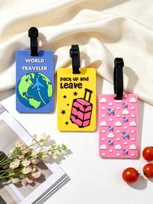 3PCS Ins Style Cute Cartoon Luggage Tags, Global Travel/Cloud Airplane/Pink Suitcase 3 Designs, Flexible PVC Waterproof Boarding Tags, Luggage Anti-Loss Name Tags, Travel Accessories, Gift For Family And Friends - Multicolor - View 1