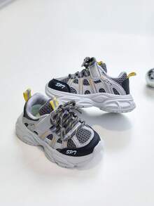 1 Pair New Colorblock Mesh Sports Shoes For Boys And Girls, Large Mesh Breathable, /Durable Casual Chunky Sneakers For Toddlers - Grey - View 3