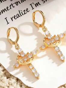 Elegant Vintage Cross Dangle Earrings, Copper Base With Clear Rhinestone Inlay, Women's Date Earrings - Gold - View 5
