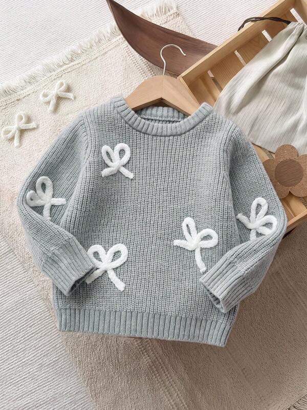 Spädbarns ny stil 3D handgjord rosettbroderi enfärgad långärmad crewneck pullovertröja, höst/vinter