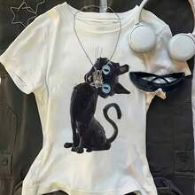 Women's Caroline Theme Printed T-Shirt - Blue Eyed Cat Pattern Top, Regular Fit, Machine Washable, All Season Fabric - 款式 - 查看 1
