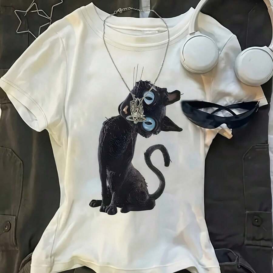 Women's Caroline Theme Printed T-Shirt - Blue Eyed Cat Pattern Top, Regular Fit, Machine Washable, All Season Fabric - 款式 - 查看 1
