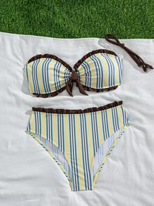 Women's Striped Printed Strapless Detachable Shoulder Strap Lace Bikini 2 Pieces Set Paired With High Waisted Lace Swim Trunks Beach - Multicolor - View 5
