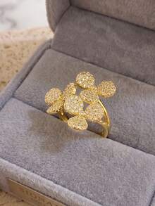 Hollow Heart Zirconia Cuff Bangle&Flower Diamond Open Ring Jewellery Set,Women Golden Jewelry Combo,Holiday Essentials Romantic Dating Party Accessories - Multicolor - View 7