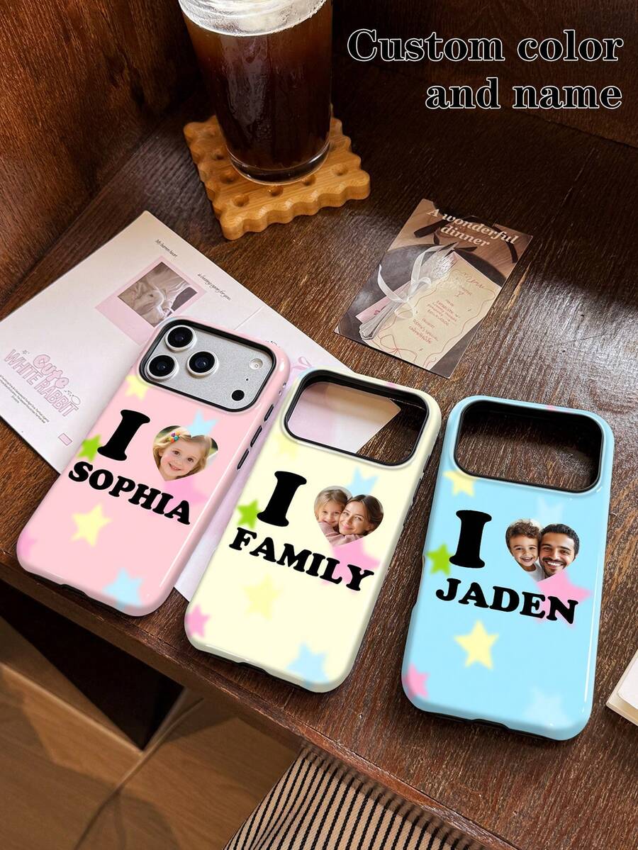 1pc Customized Commemorative Photo Name Minimalist Star Background Glossy Phone Case Personalized Signature Customization Anniversary Gift, Valentine's Day Gift, Birthday Gift, Wedding Gift, Mother's Day Gift, Father's Day Gift, Best Friend Gift, Gift For Mom/Dad, Gift For Boyfriend, Gift For Girlfriend 2-In-1 Glossy Film Full Coverage Hard Shell Phone Case Protective Cover Compatible With IPhone 11/12/13/14/15/16 17 Pro Max - Multicolor - View 1