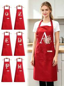 Red Floral A-Z Letter Print Apron With Pockets, Adjustable Neck Strap, Suitable For Baking, Housewarming, Holiday Gifts, Back To School, Home, Dorm Kitchen Accessories, Thanksgiving Cooking Apron, Christmas Housewarming Gift - Multicolor - View 2