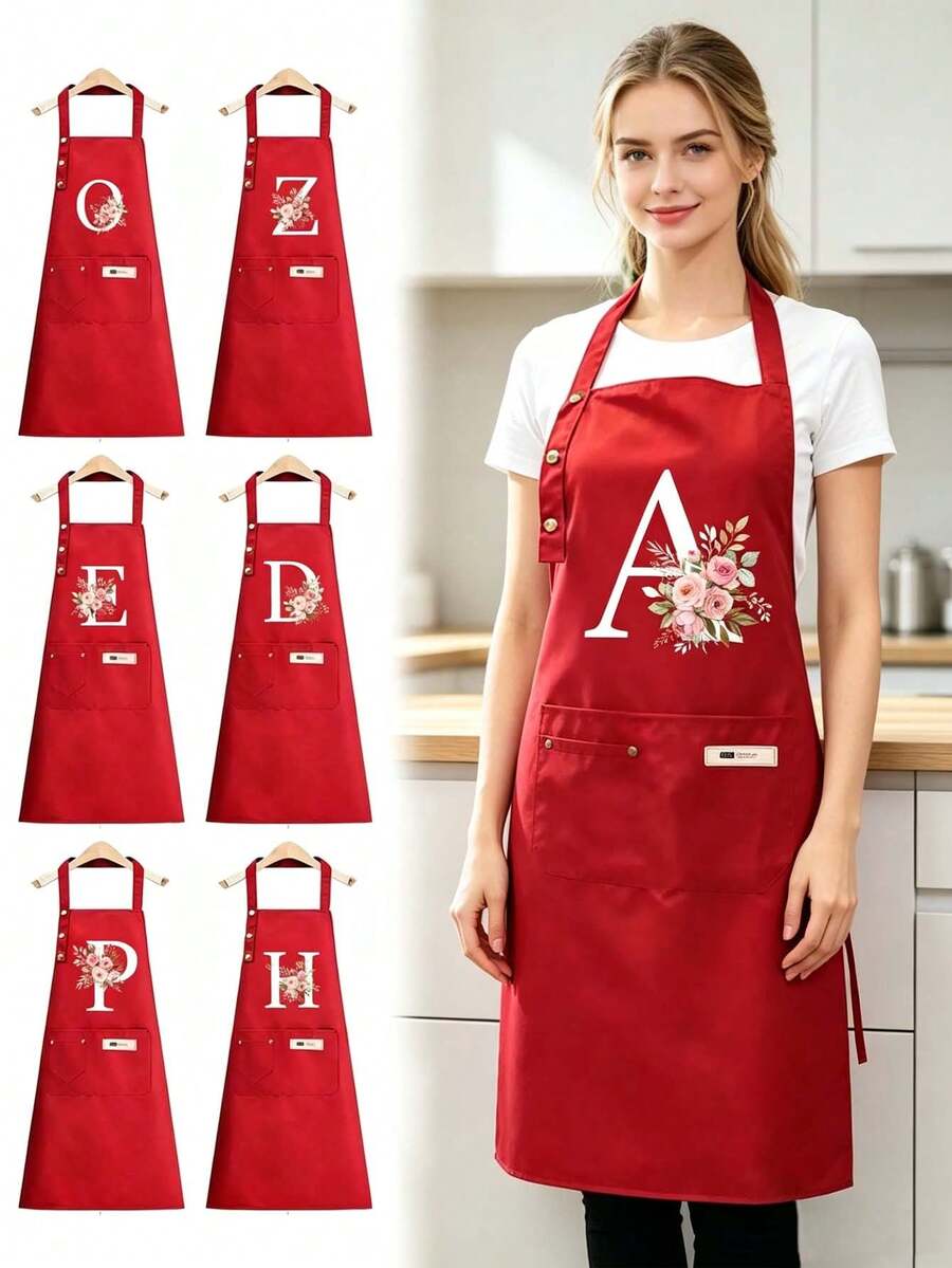 Red Floral A-Z Letter Print Apron With Pockets, Adjustable Neck Strap, Suitable For Baking, Housewarming, Holiday Gifts, Back To School, Home, Dorm Kitchen Accessories, Thanksgiving Cooking Apron, Christmas Housewarming Gift